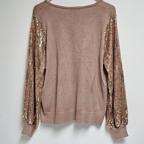 Adrianna Papell Large Antique Rose Long Sequin Sleeve V-Neck Sweater New $89 - Picture 2 of 10